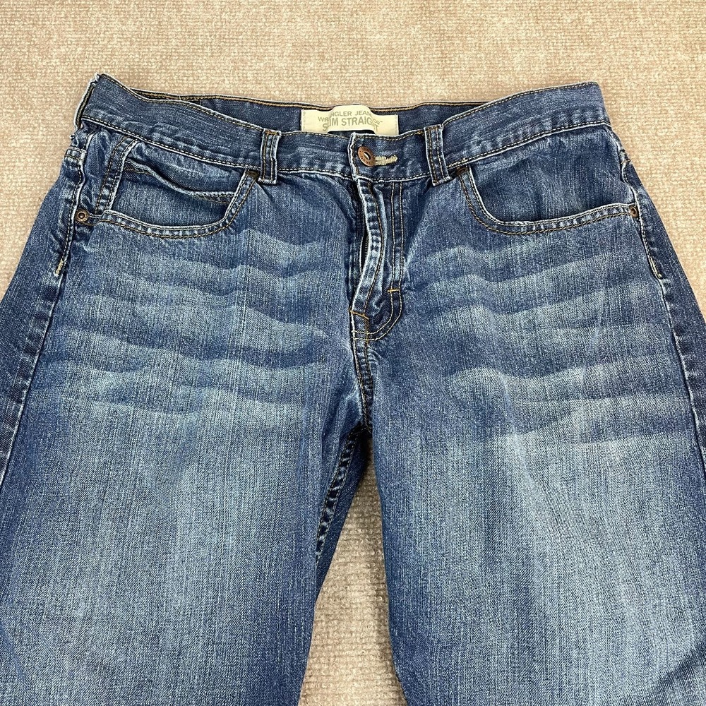 Wrangler Slim Straight Jeans Mens 33x29 Blue Whiskered Denim Medium Wash Western - Picture 3 of 12